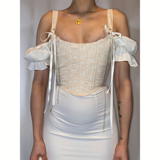 Ivory Floral Corset – Handmade Beige Corset with White Flowers, Custom Fit & Cottagecore Inspired