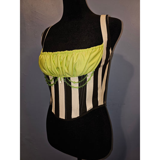 Beetlejuice Inspired Striped Corset - Gothic Halloween Costume, Tim Burton Style, Black & White Corset with Green Ruched Detail