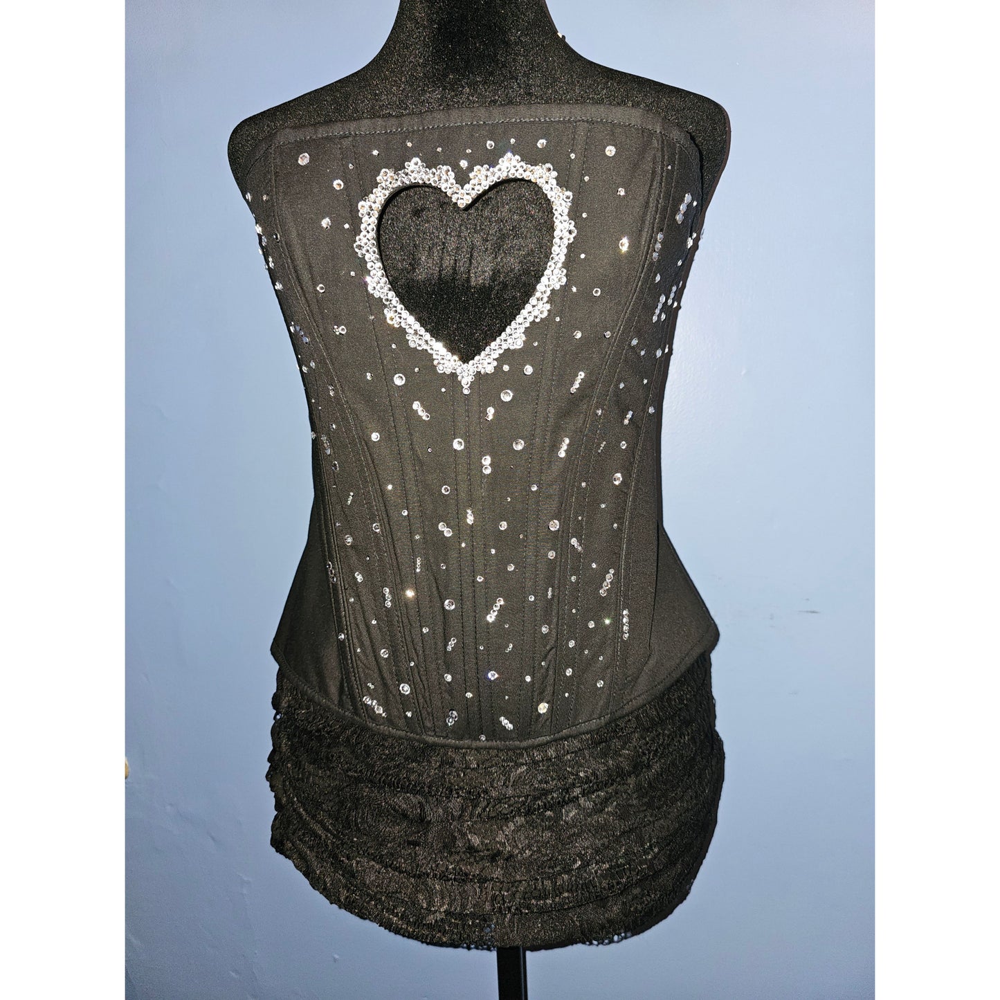 Heart Cut-Out Rhinestone and Non Bedazzled Corset Top with Sequin Detailing - Matching Set with Lace Ruched Skirt dress