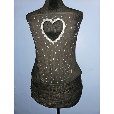 Sabrina Carpenter-Inspired Heart Cut-Out Rhinestone Bedazzled Corset Top with Sequin Detailing - Matching Set with Lace Ruched Skirt Dress