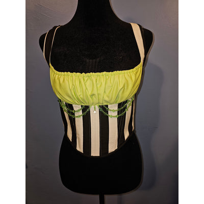 Beetlejuice Inspired Striped Corset - Gothic Halloween Costume, Tim Burton Style, Black & White Corset with Green Ruched Detail