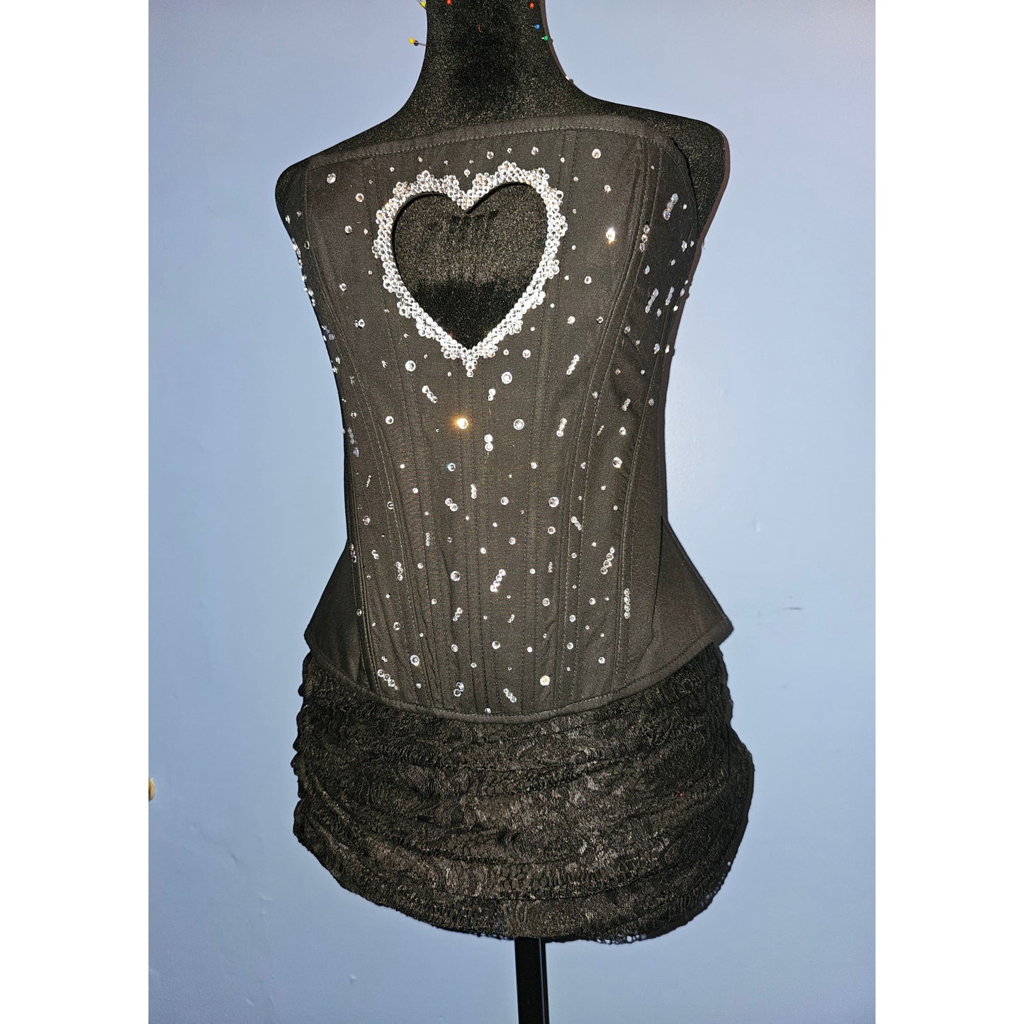 Heart Cut-Out Rhinestone and Non Bedazzled Corset Top with Sequin Detailing - Matching Set with Lace Ruched Skirt dress