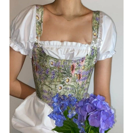 Cottagecore Fairy Inspired Colorful Corset – Floral Stay Bodice Top for Summer Festivals & Ren Fairs